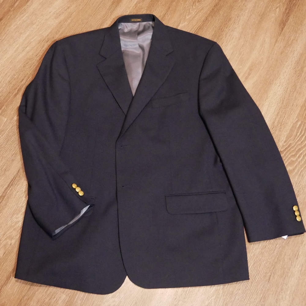 Stafford Mens Navy Blue‎ Blazer Gold Crest Buttons Wool Blend Suit Jacket 44S